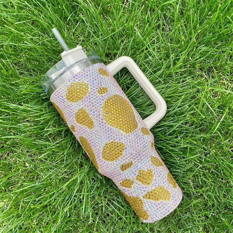 Gold Pattern Rhinestone Tumbler with Handle Stainless Steel Vaccum Cup