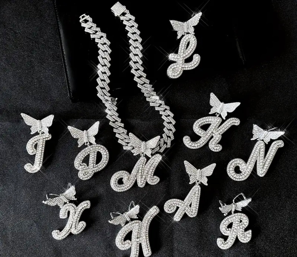 Butterfly Pendant Cuban Link Chain Iced Out Initial Letter Name