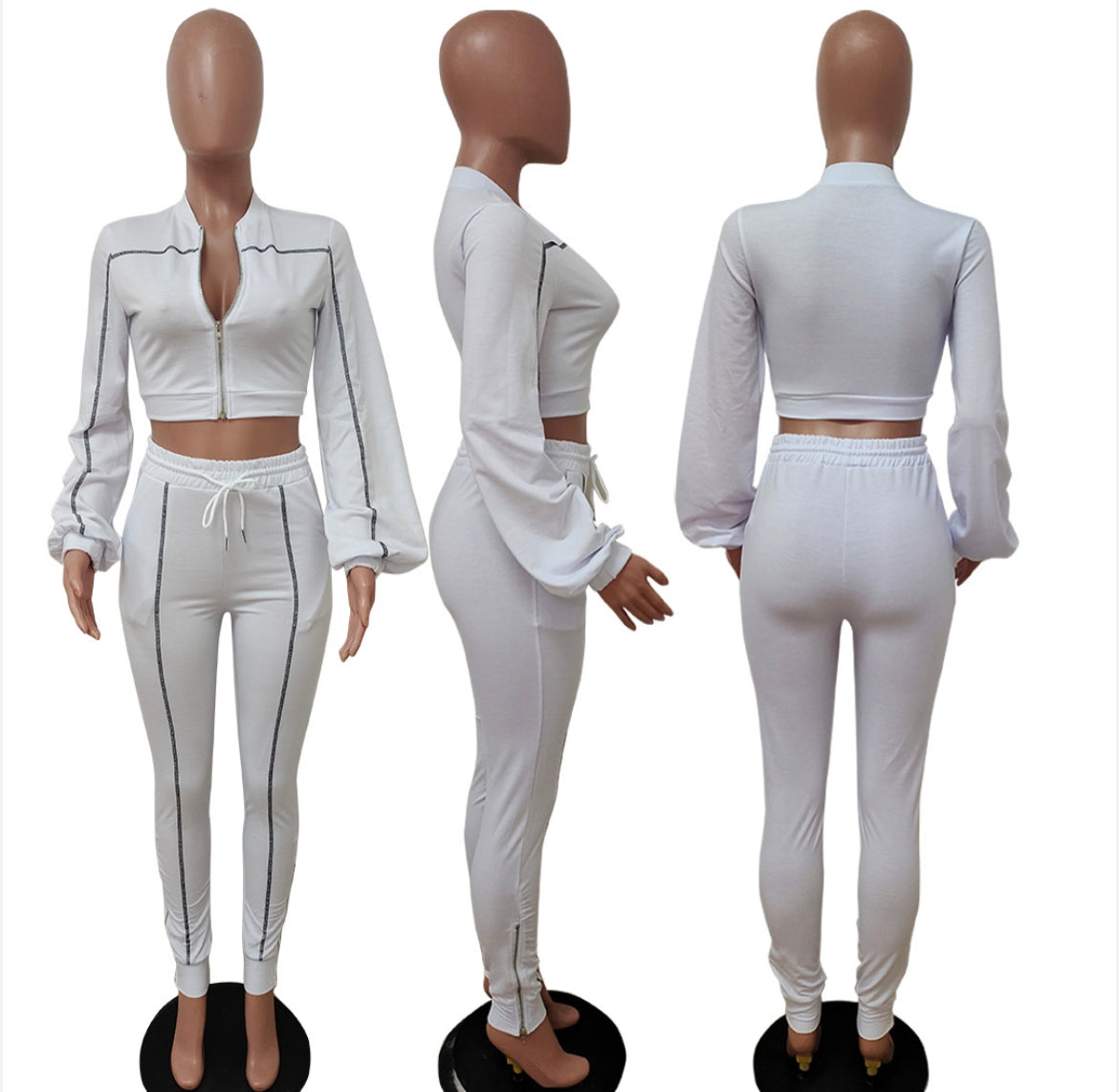 White Puff Sleeve Cropped Jacket 2pcs Set