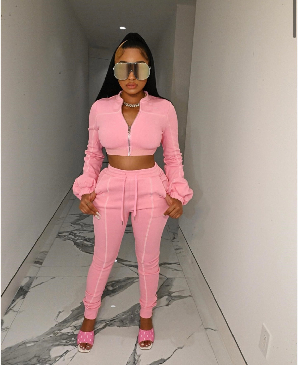 Pink Puff Sleeve Cropped Jacket 2pcs Set