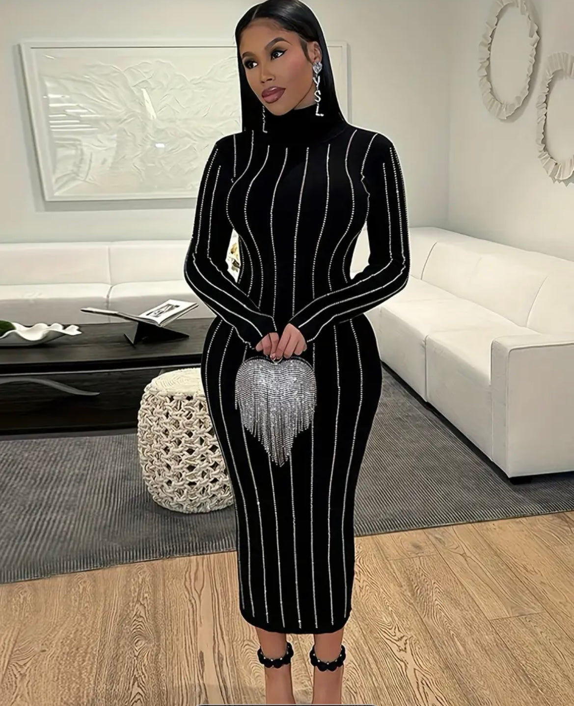 Rhinestone Long Sleeve Bodycon Black Dress Elegant High Neck Solid Color Party Club Evening Long Dresses Streetwear For Fall & Winter, Women's Clothing