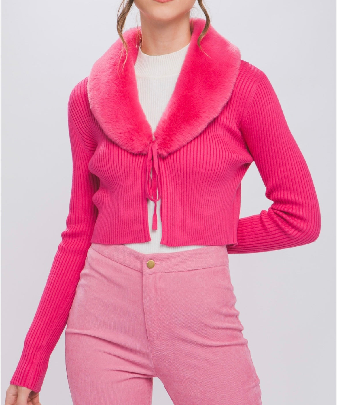 Fluffy Collar Front Tie Sweater Cardigan