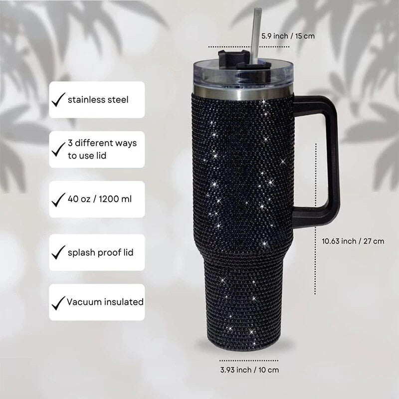 Black Diamond Rhinestone Tumbler with Handle Stainless Steel Vaccum Cup