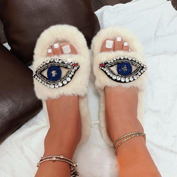Evil Eye Rhinestone Fluffy Slides - Bossy Collections