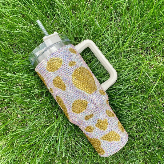 Gold Pattern Rhinestone Tumbler with Handle Stainless Steel Vaccum Cup