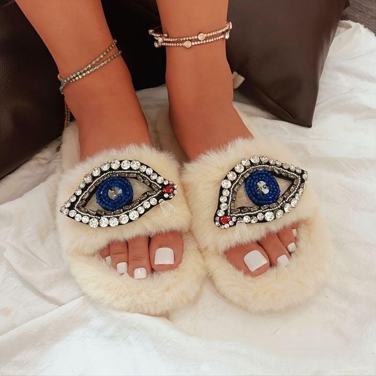 Evil Eye Rhinestone Fluffy Slides - Bossy Collections