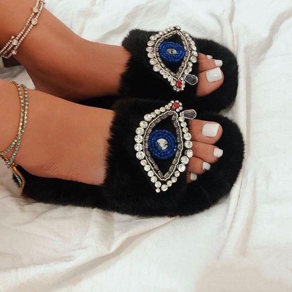 Evil Eye Rhinestone Fluffy Slides - Bossy Collections