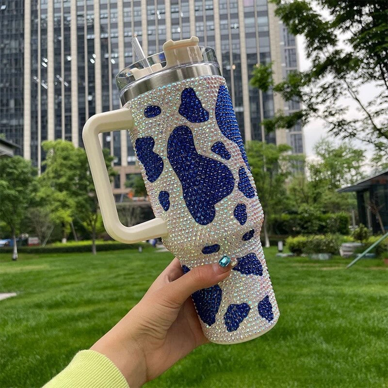Blue Pattern Rhinestone Tumbler with Handle Stainless Steel Vaccum Cup