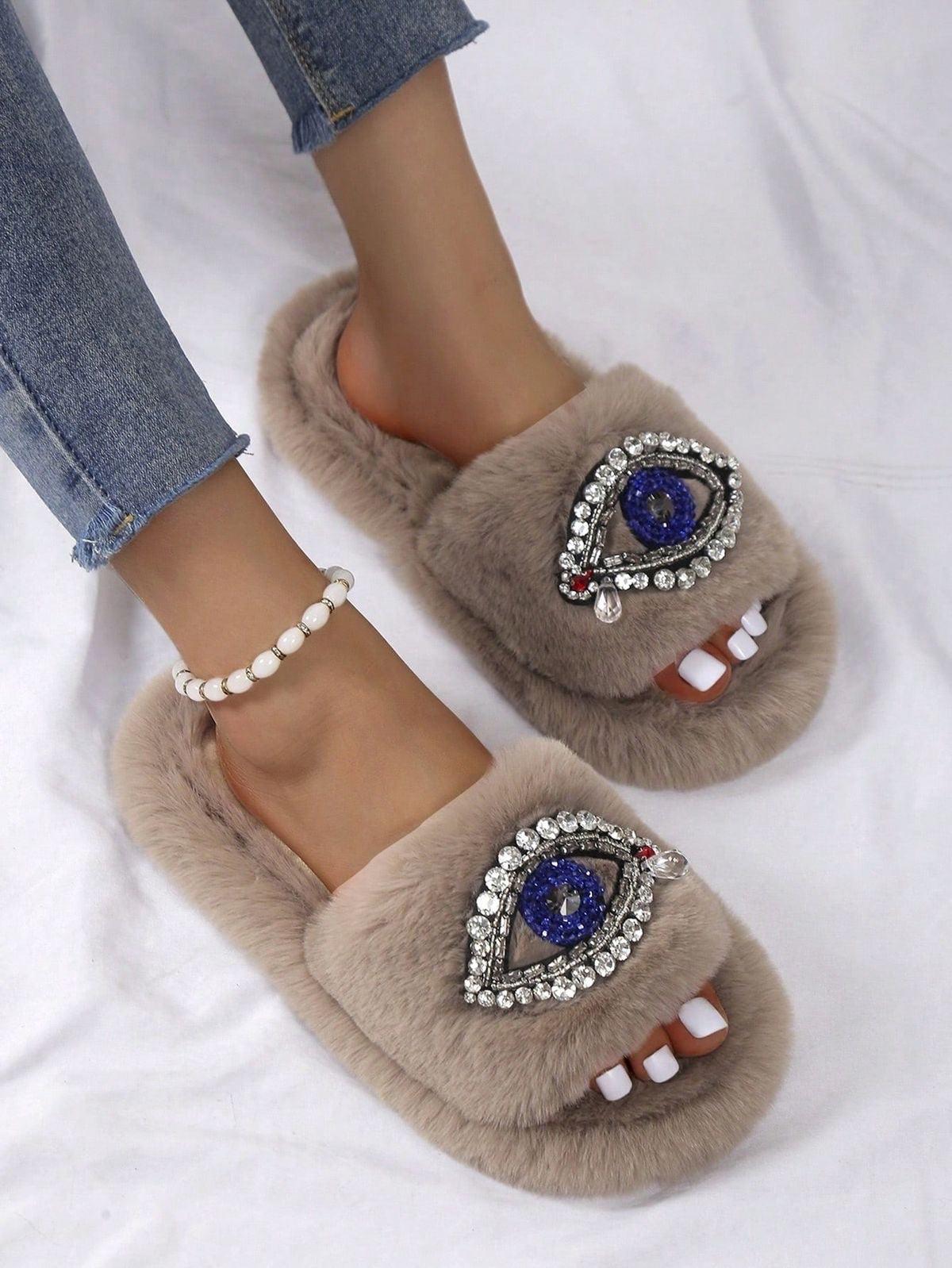 Evil Eye Rhinestone Fluffy Slides - Bossy Collections