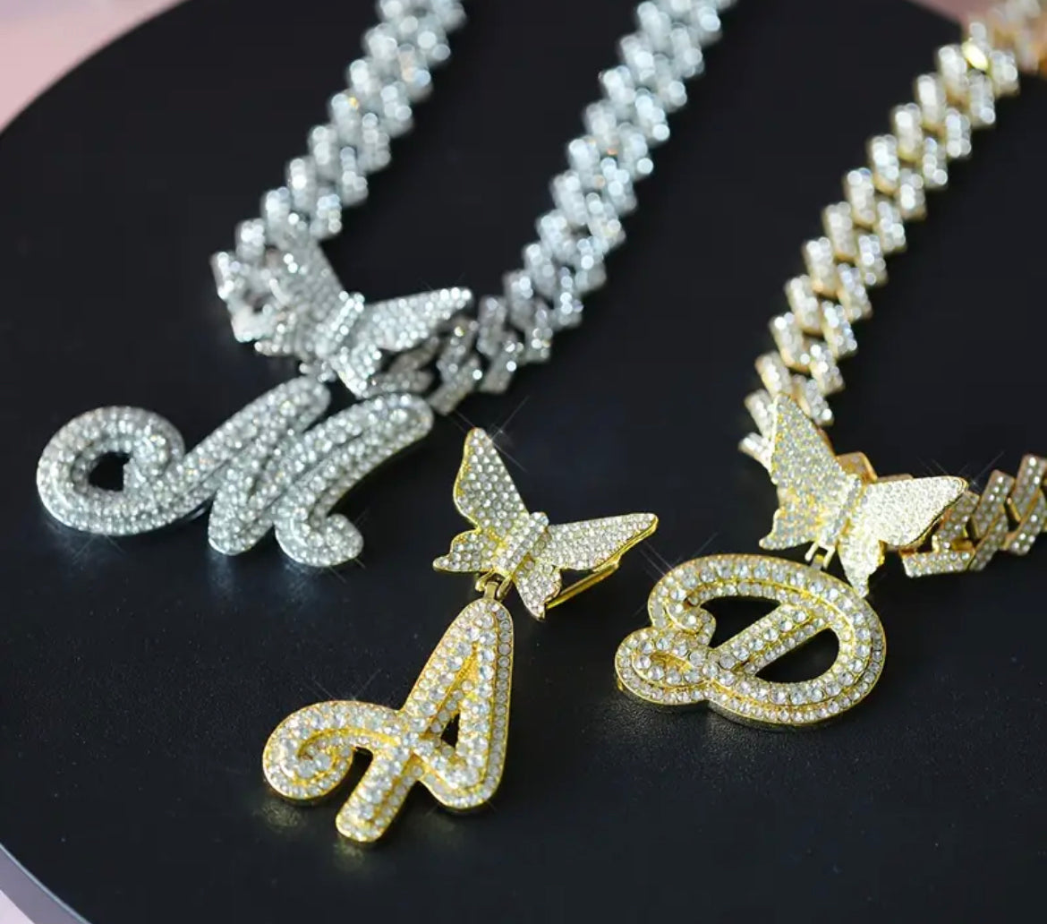Butterfly Pendant Cuban Link Chain Iced Out Initial Letter Name