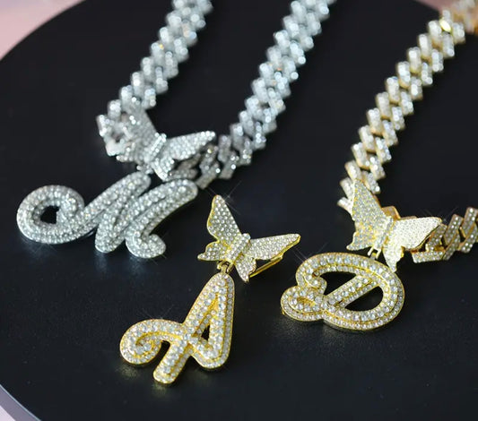 Butterfly Pendant Cuban Link Chain Iced Out Initial Letter Name