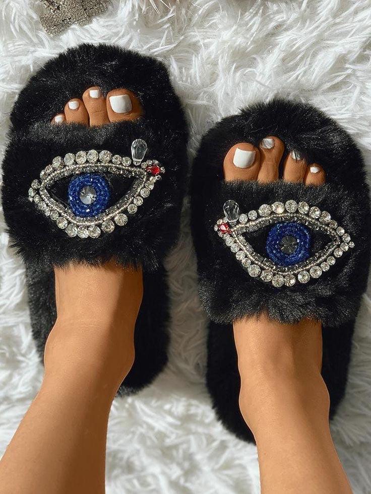 Evil Eye Rhinestone Fluffy Slides - Bossy Collections