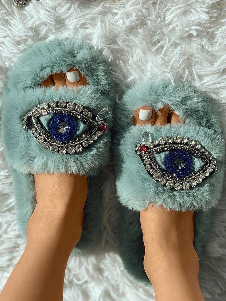 Evil Eye Rhinestone Fluffy Slides - Bossy Collections