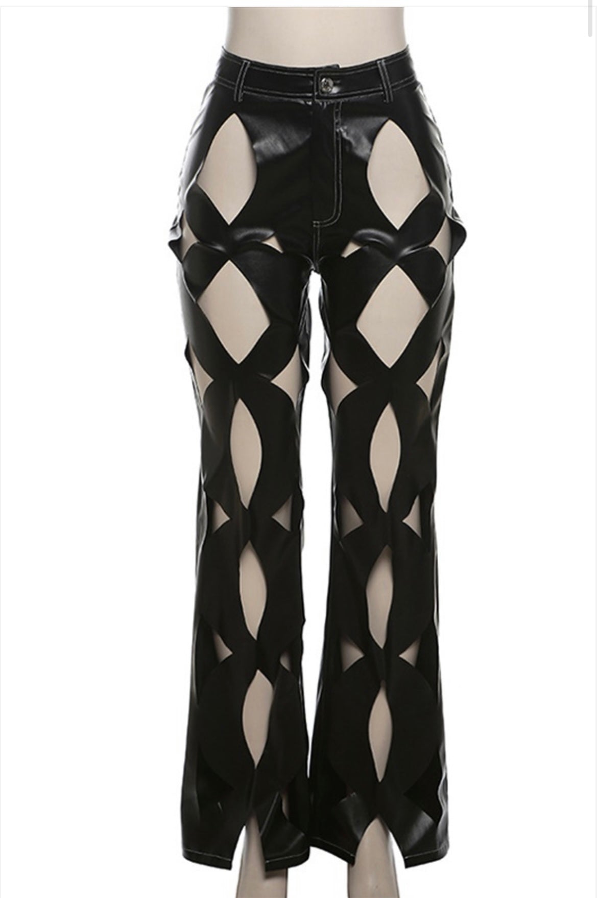 PU Mid Rise Hollow Straight Leg Pant
