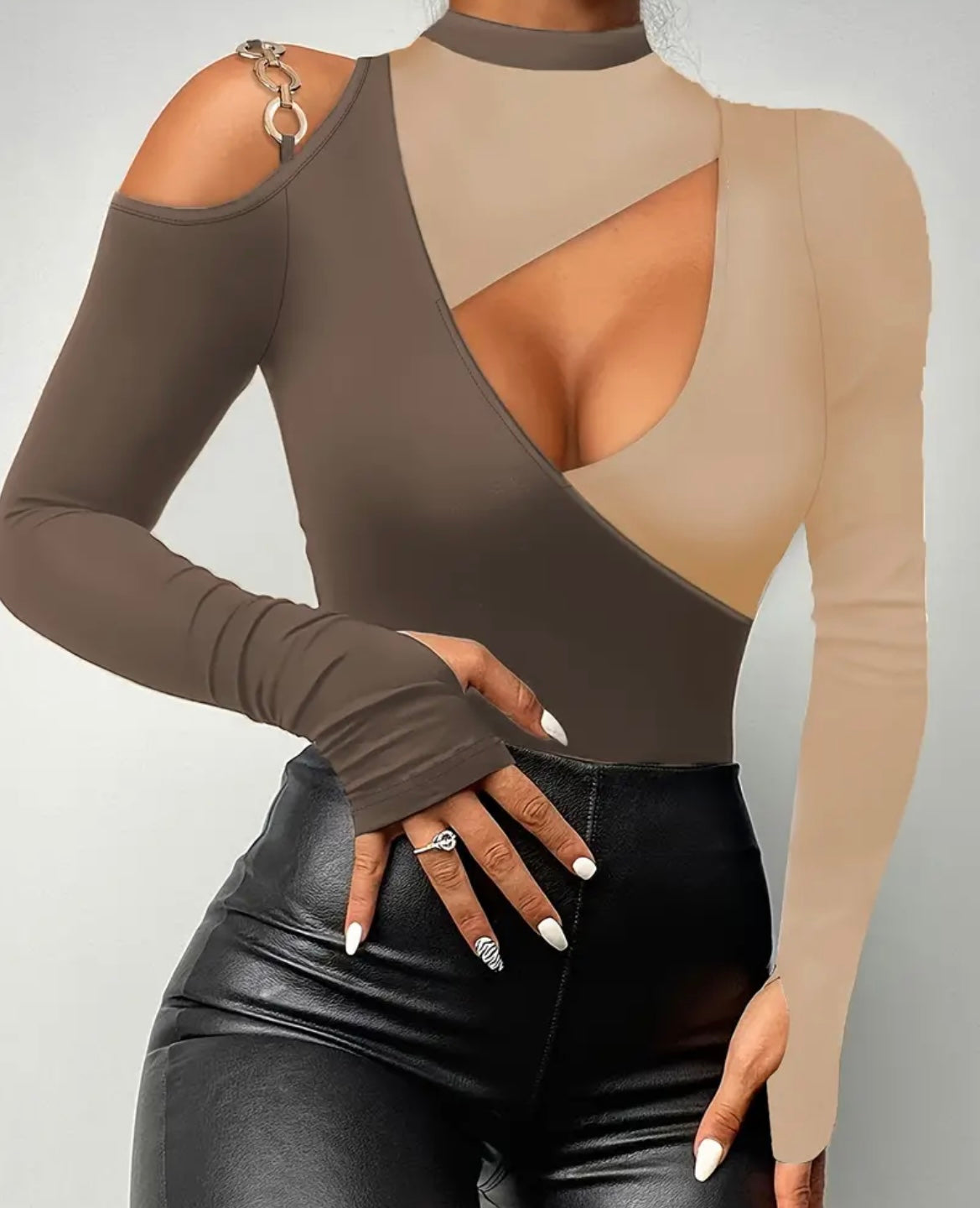 Color Block Cut Out T-Shirt, Casual Mock Neck Cold Shoulder T-Shirt For Spring & Fall, Women's Clothing