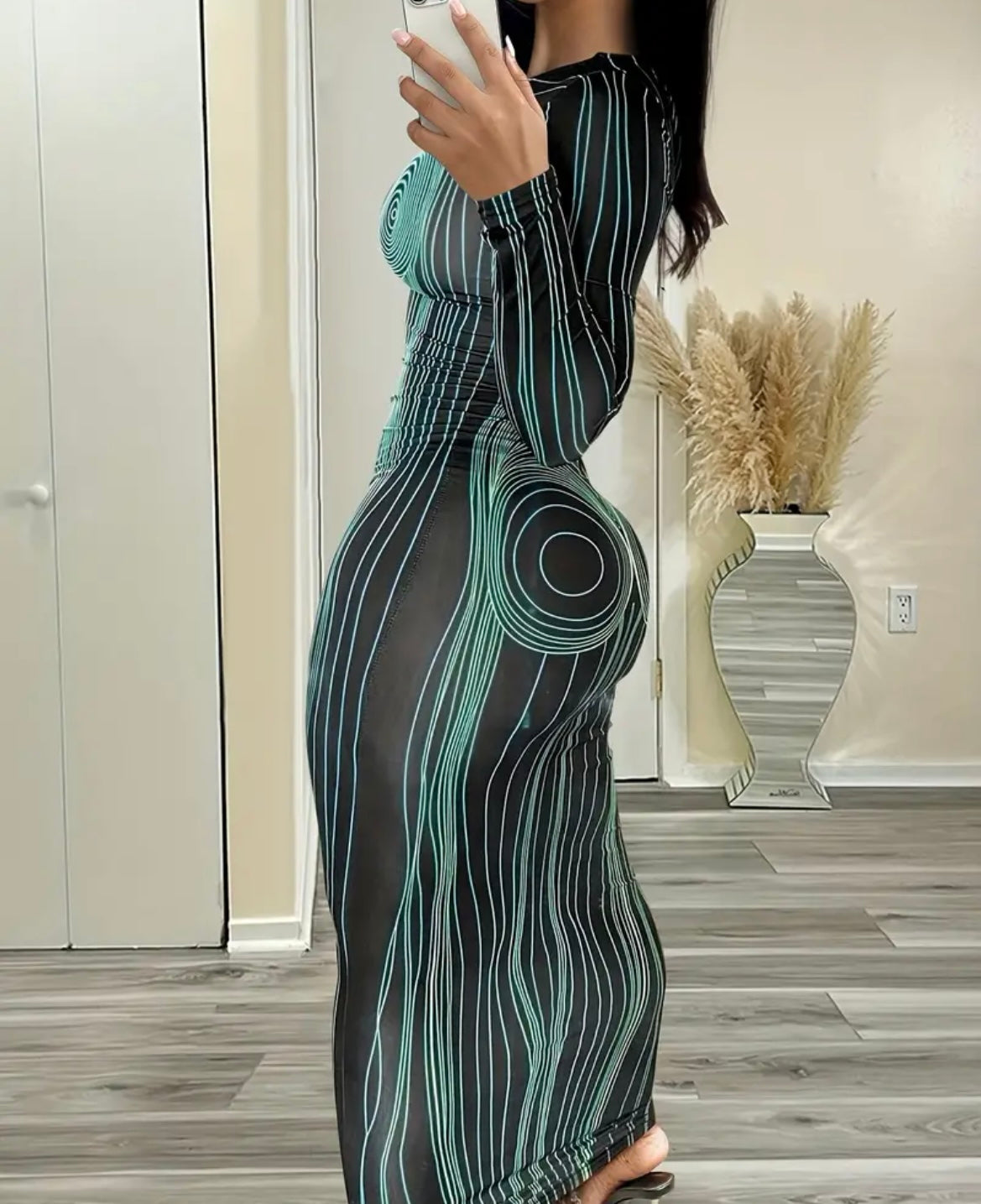 Body Shape Print Maxi Dress, Party Wear Crew Neck Long Sleeve Dress, Women's Clothing