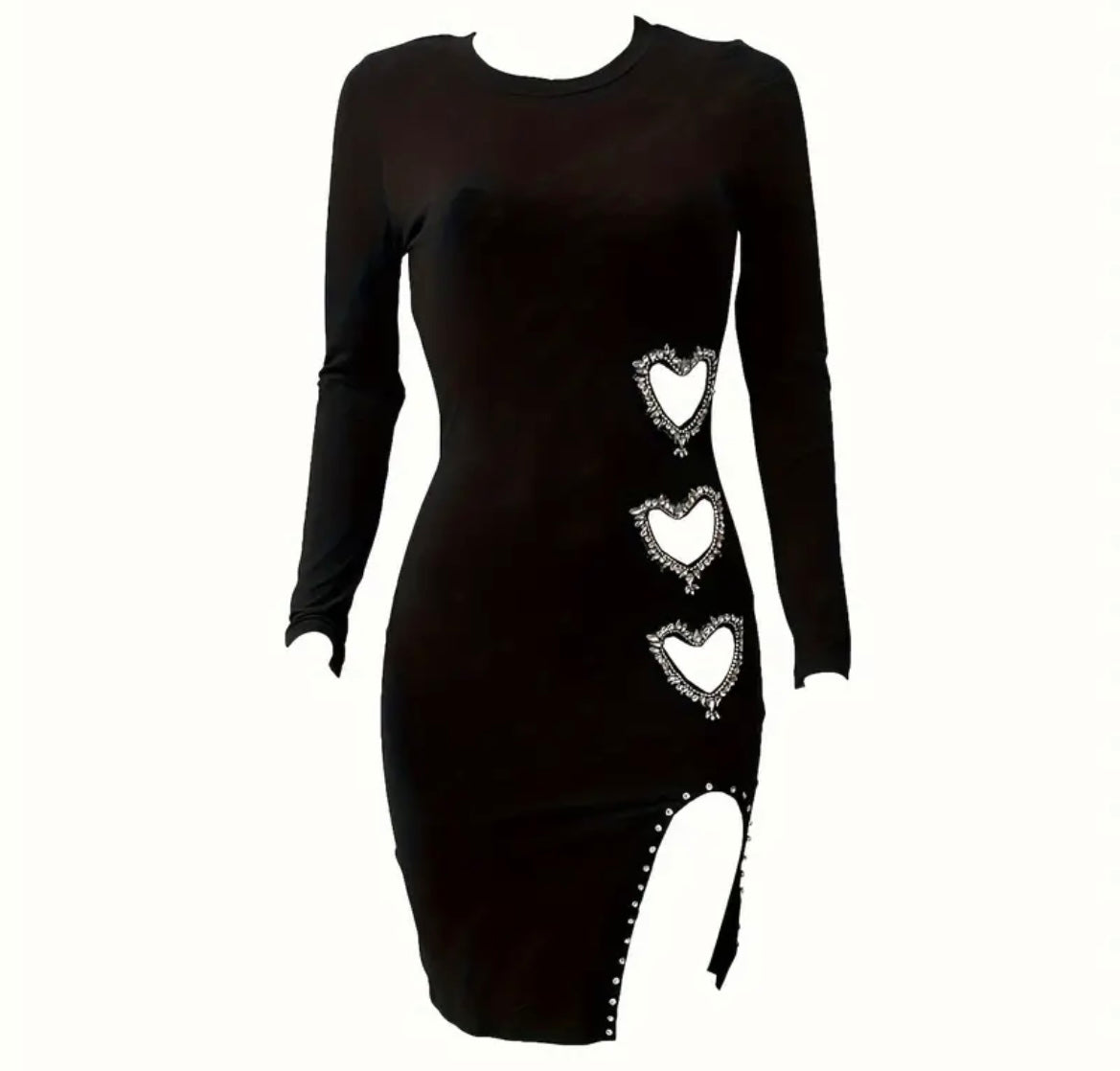 Heart-shaped Rhinestone Hollow Out Bodycon Dress, Elegant Long Sleeve Crew Neck Split Dress, Women's Clothing