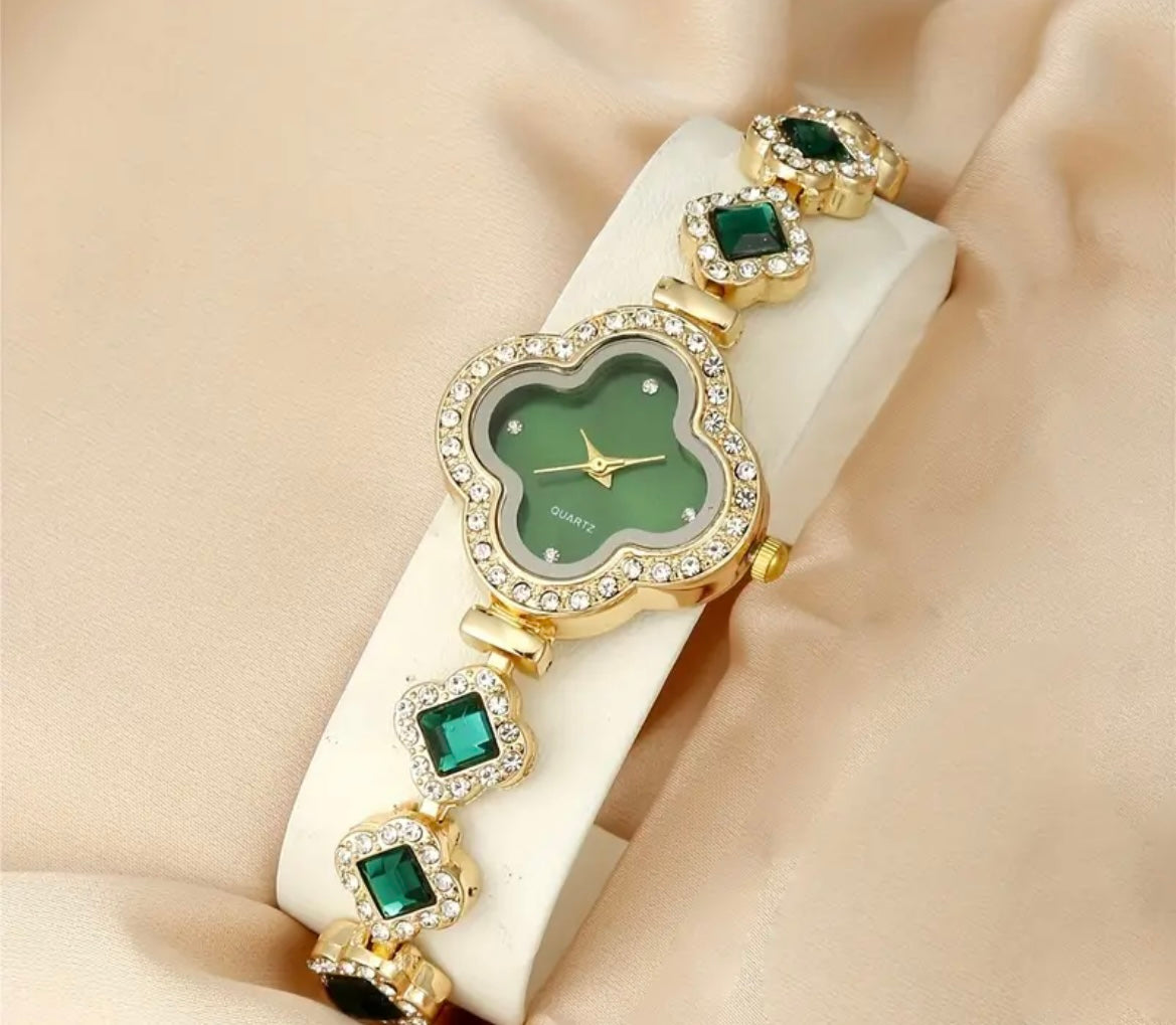 2 PC Set Rhinestone Clover Pointer Quartz Watch