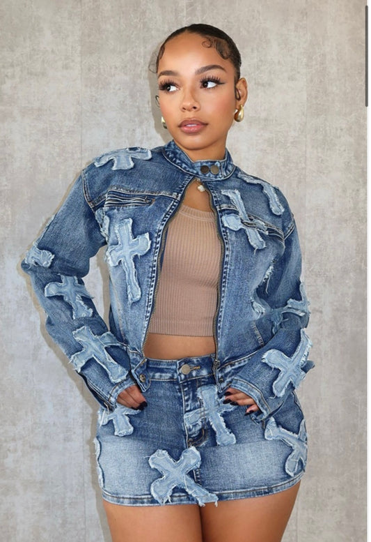 Zipper Denim Jacket 2pcs Skirt Set
