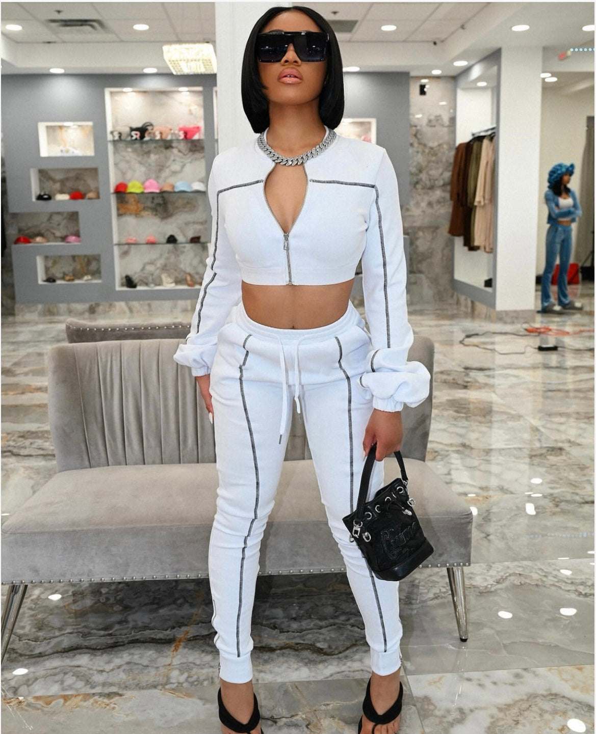 White Puff Sleeve Cropped Jacket 2pcs Set