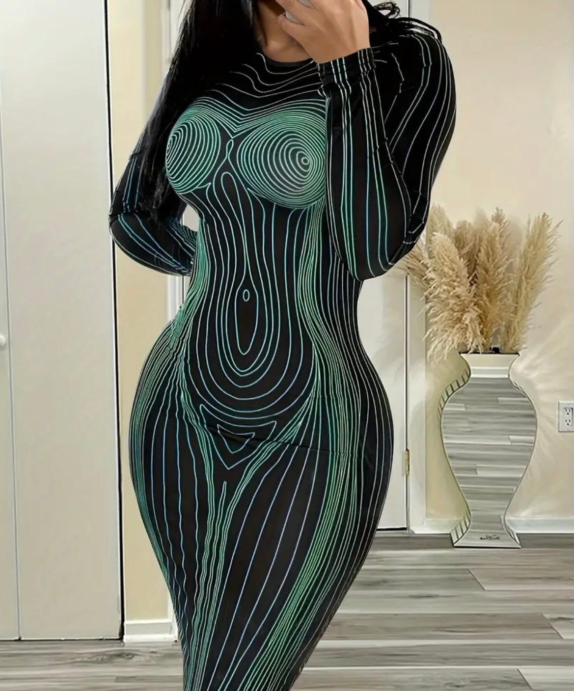 Body Shape Print Maxi Dress, Party Wear Crew Neck Long Sleeve Dress, Women's Clothing