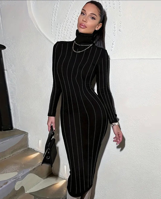 Rhinestone Long Sleeve Bodycon Black Dress Elegant High Neck Solid Color Party Club Evening Long Dresses Streetwear For Fall & Winter, Women's Clothing