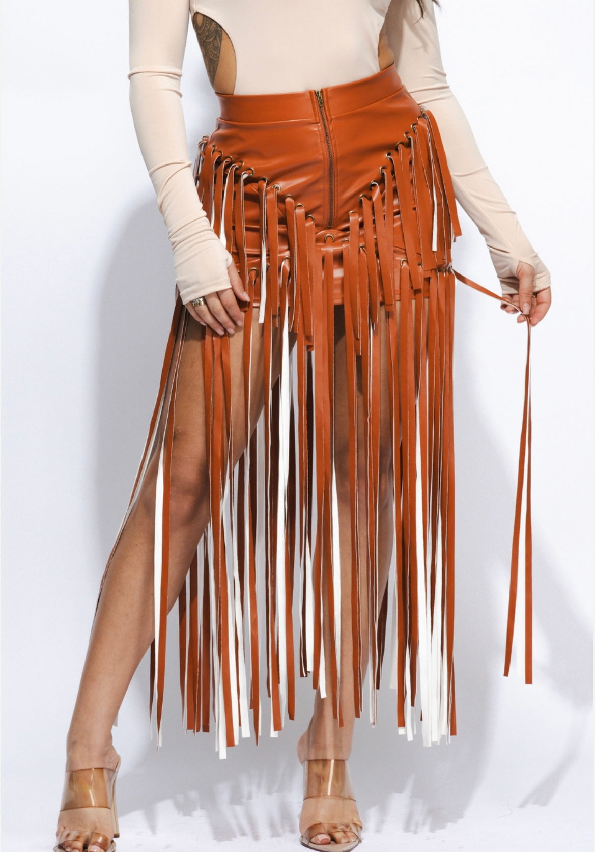 Zipper Front Fringe Skirt