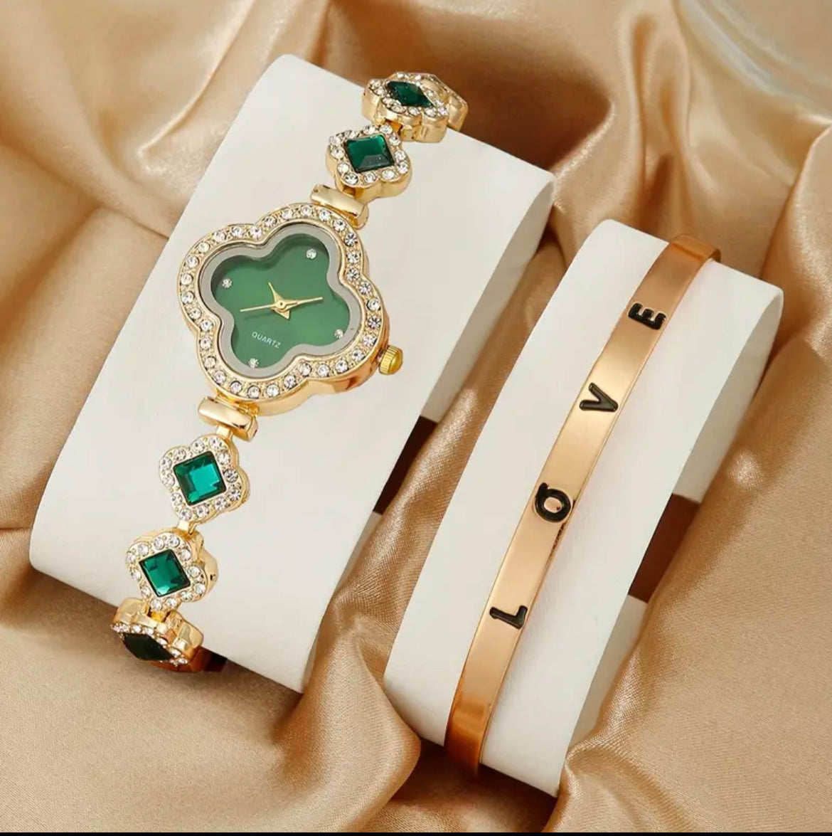 2 PC Set Rhinestone Clover Pointer Quartz Watch