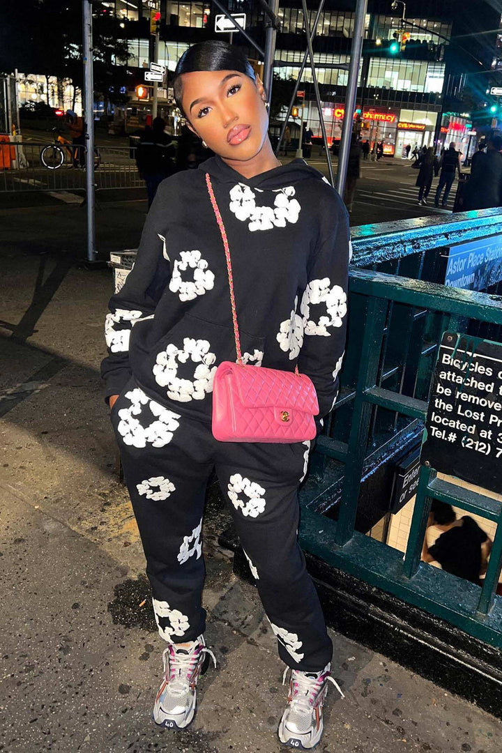 Denim Tears-Wreath Graphic Black Hoodie Tracksuit & Sweatpants