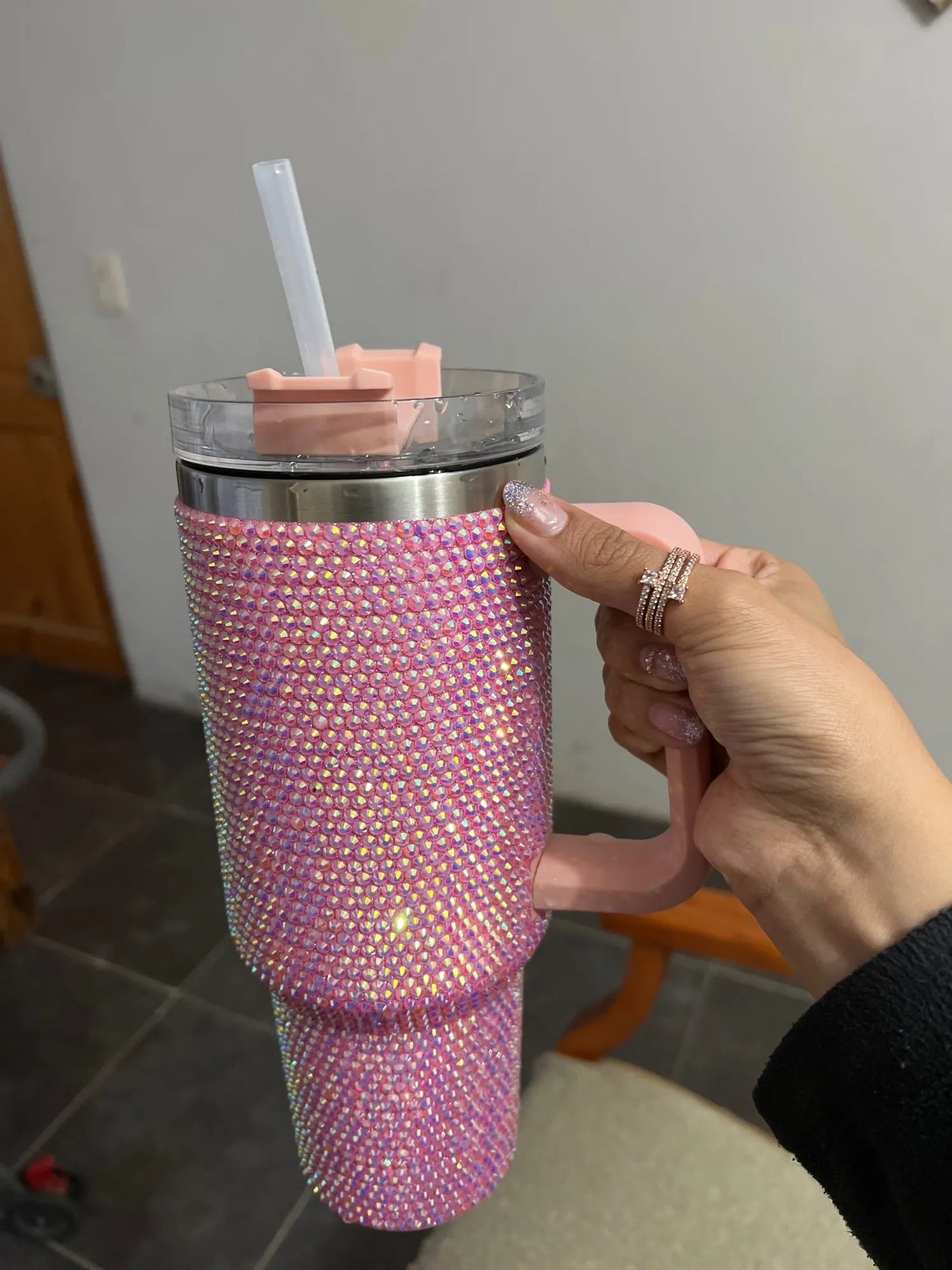 Pink Diamond 40oz Rhinestone Embellished Coffee Mug Stylish Luxury With Handle Lid Straw Tumbler Drinkware Thermos Stainless Steel Vacuum Cup