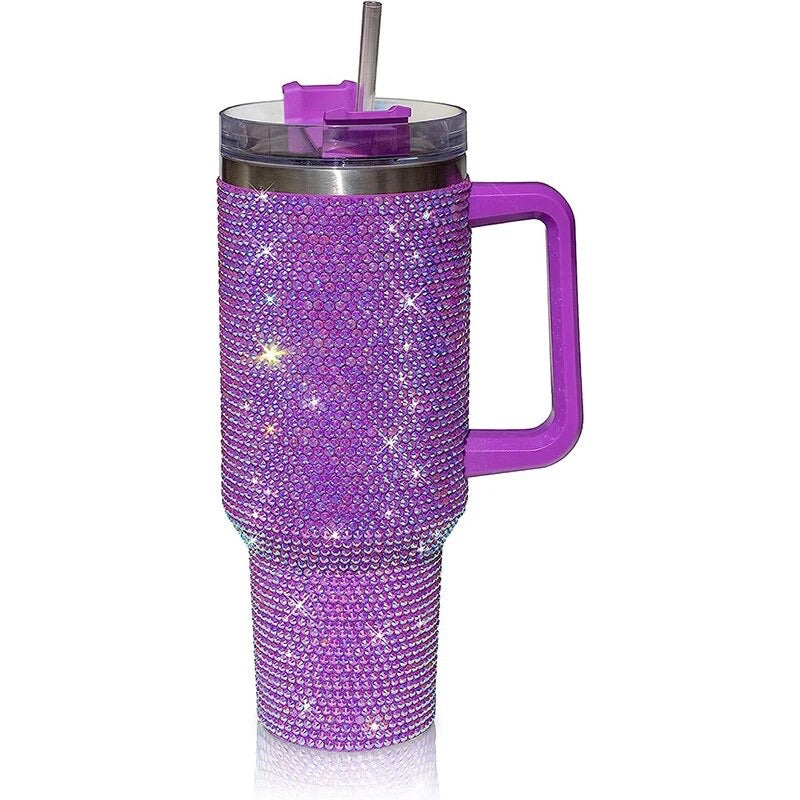 Purple Rhinestone Tumbler with Handle Stainless Steel Vaccum Cup