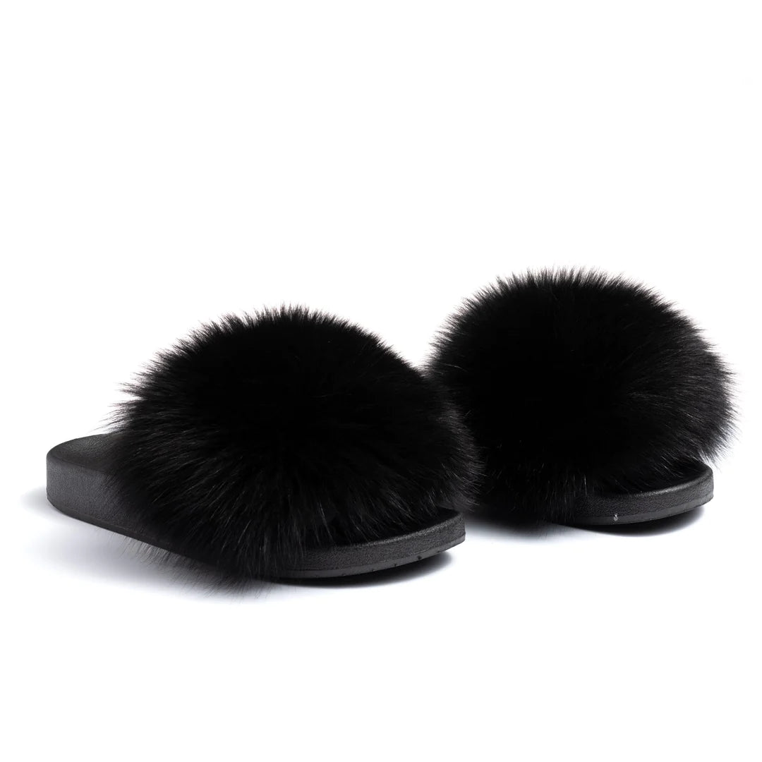 Black Fox Fur Slides - Bossy Collections