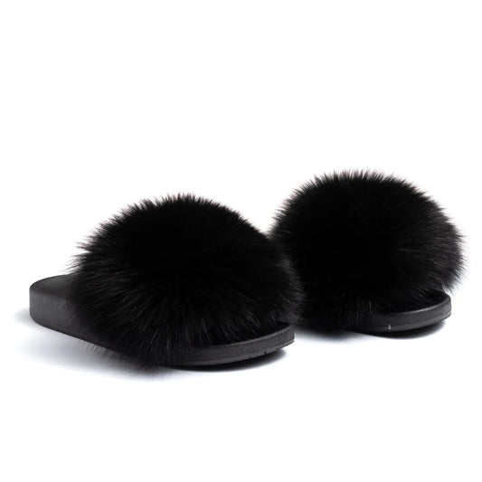 Black Fox Fur Slides - Bossy Collections