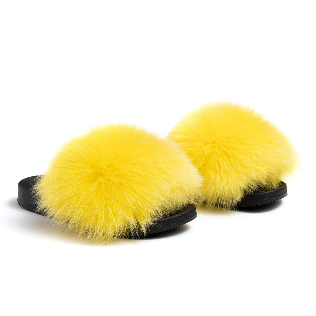 Yellow Fox Fur Slides - Bossy Collections