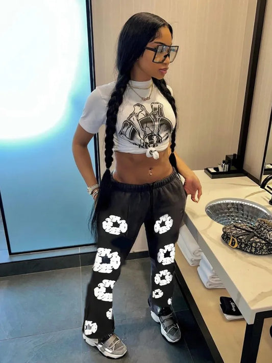 Floral Print Drawstring Contrast Color Flare Pants - Bossy Collections