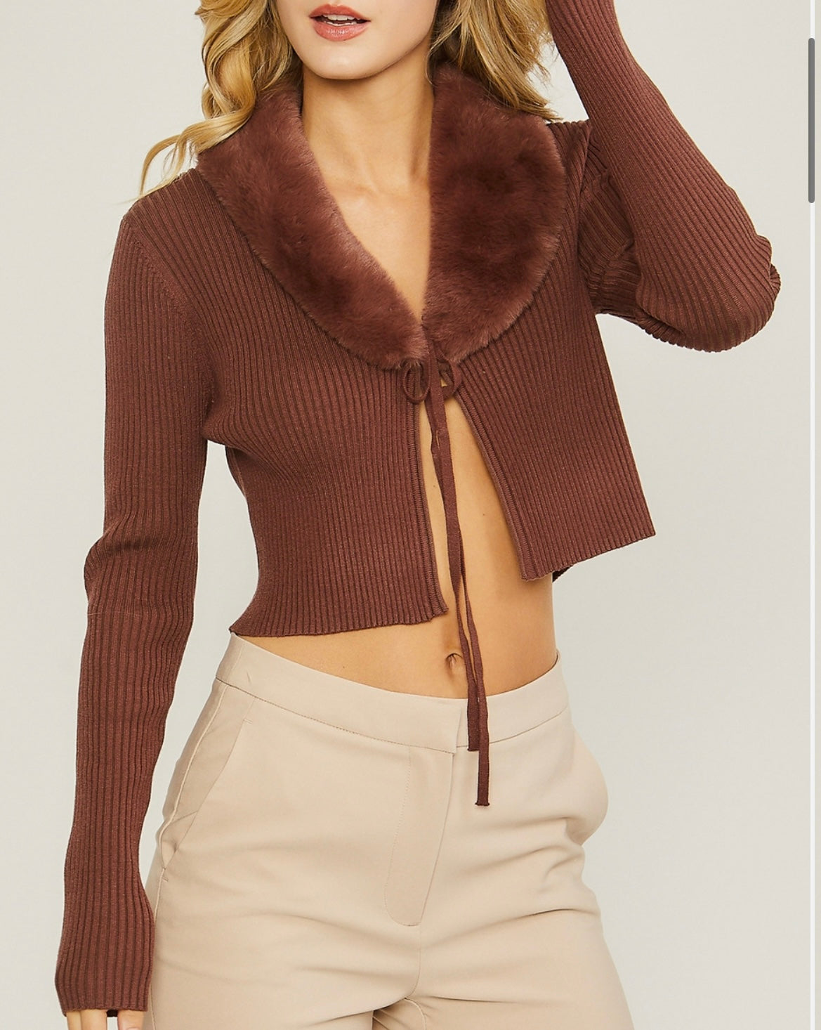Fluffy Collar Front Tie Sweater Cardigan