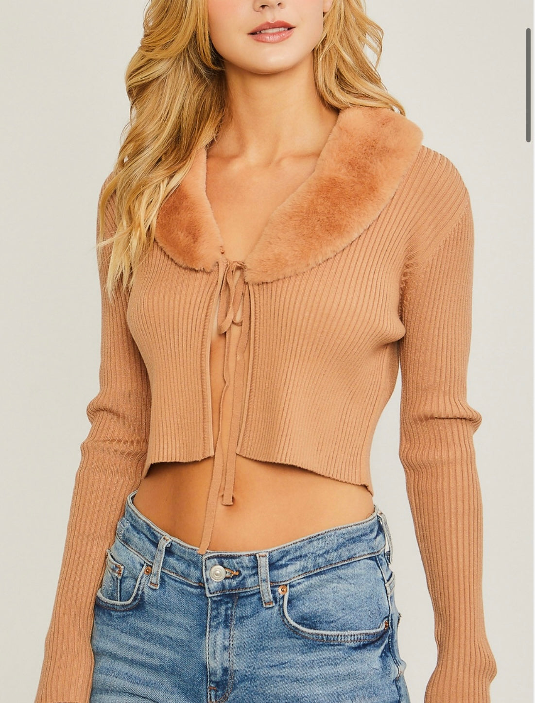 Fluffy Collar Front Tie Sweater Cardigan